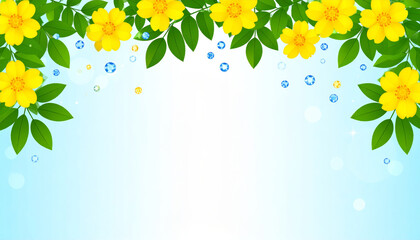 Wall Mural - Bright yellow flowers and lush green leaves create vibrant border against light blue background, enhanced by sparkling gems that add touch of magic to scene
