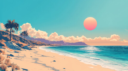 Wall Mural - beach landscape featuring bright sun setting over serene ocean, with gentle waves lapping at shore and lush palm trees lining coast, evoking sense of tranquility and beauty