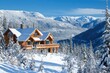 © EUT - Beautiful wooden chalet covered in snow with mountain views behind it. Ideal to show a winter vacation or a luxury travel destination.