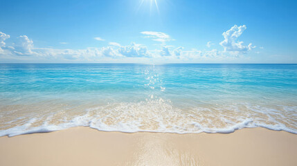 Wall Mural - serene tropical beach scene featuring clear blue sea, gentle waves lapping at sandy shore, and bright sun shining in clear sky, evoking sense of tranquility and relaxation