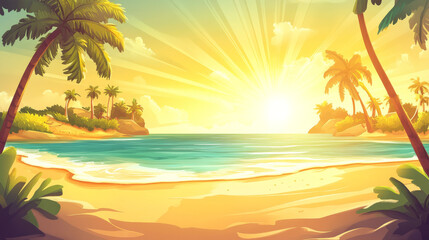Wall Mural - serene summer background featuring golden beach illuminated by rays of sunlight, with palm trees framing scene and gentle waves lapping at shore, evoking sense of tranquility and warmth