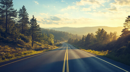 Wall Mural - scenic view of winding road surrounded by lush green trees and mountains under bright blue sky. sunlight casts warm glow, creating peaceful and inviting atmosphere for travelers
