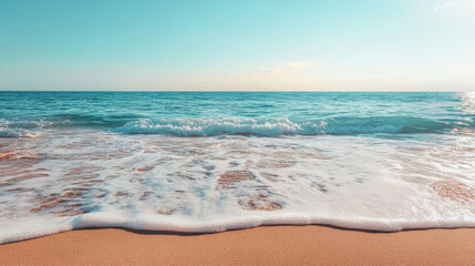 Wall Mural - Gentle waves on summer beach create serene atmosphere, inviting relaxation and peace. clear blue sky complements tranquil ocean, enhancing beauty of this coastal scene