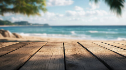 Wall Mural - serene view of empty wooden planks overlooking blurred beach and sea, evoking sense of tranquility and relaxation. gentle waves and soft clouds enhance peaceful atmosphere