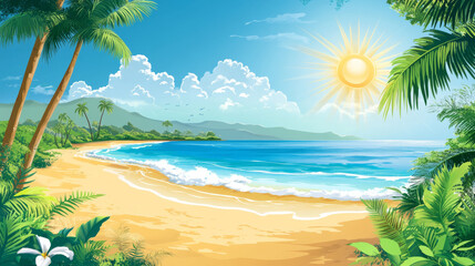 Wall Mural - summer scene featuring beautiful beach, bright sun, and lush palm trees creates perfect tropical paradise. serene waves and clear sky evoke sense of relaxation and joy