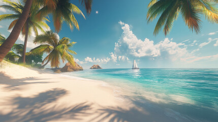 Wall Mural - serene tropical beach scene featuring palm trees, soft white sand, and tranquil turquoise sea. sailboat glides peacefully across water bright blue sky, evoking sense of relaxation and escape
