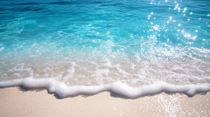 Wall Mural - serene view of tropical beach with clear turquoise water gently lapping against soft sandy shore, creating peaceful and inviting atmosphere
