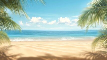 Wall Mural - serene beach scene featuring soft golden sand, gentle waves, and lush palm trees under clear blue sky. This tranquil setting evokes sense of relaxation and peace