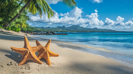 Wall Mural - pair of starfish resting sandy beach bright blue sky, surrounded by lush palm trees and gentle waves. scene captures essence of tropical paradise, evoking feelings of relaxation and tranquility