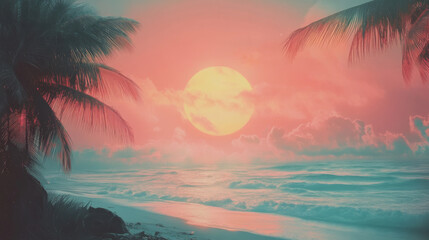 Wall Mural - tranquil sunset beach scene featuring warm colors, palm trees, and gentle waves creates serene atmosphere. vibrant sun casts beautiful glow over ocean, evoking sense of peace and relaxation
