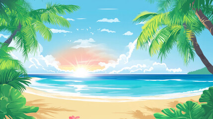 Wall Mural - summer scene featuring serene beach, bright sun, and lush palm trees creates perfect tropical atmosphere. gentle waves and clear sky evoke feelings of relaxation and joy
