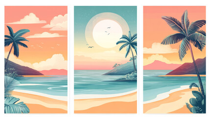 Wall Mural - serene tropical landscape featuring palm trees, tranquil beach, and vibrant sunset sky. artwork captures essence of summer relaxation and natural beauty, evoking feelings of peace and joy
