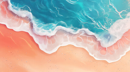 Wall Mural - serene top view illustration of sandy beach with gentle waves lapping at shore, evoking sense of cal