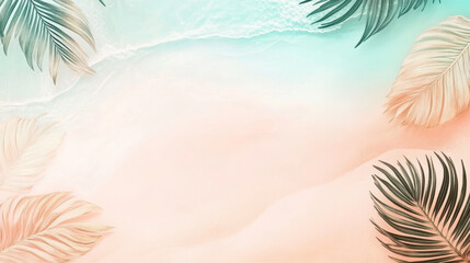 Wall Mural - serene abstract summer background featuring sandy beach with gentle waves and tropical leaves, evoki