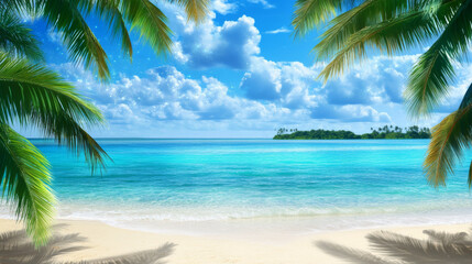 Wall Mural - serene tropical beach scene featuring clear blue sea, gentle waves, and lush palm trees framing view. vibrant sky is dotted with fluffy clouds, creating peaceful and inviting atmosphere