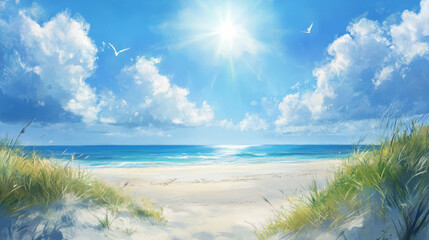 Wall Mural - bright sun shining over serene beach landscape evokes feelings of tranquility and peace. clear blue 