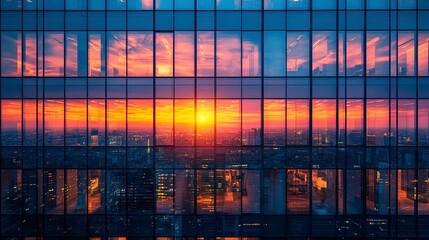 Wall Mural - close-up view of office tower at sunset, alternating light and dark rooms creating pattern, modern f
