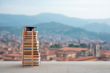 Poster - Minimalist Academic Journey Vertical Book Stack with Graduation Cap and Wooden Ladder - Inspiring Educational Growth and Career Ascension Metaphor