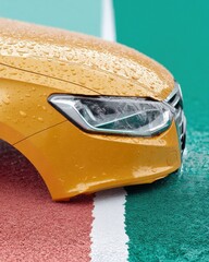 Poster - Immersive Automotive Design Bold Yellow Electric Vehicle Headlight with Chromatic Minimalist Backdrop - Next-Gen Mobility Innovation and Creative Tech Visualization