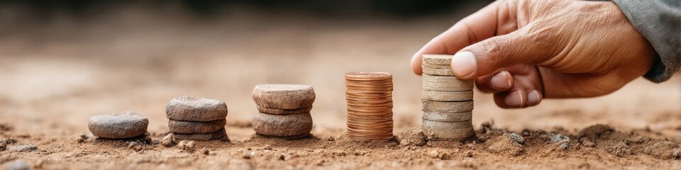 Fototapete - Minimalist Financial Growth Visualization Strategic Coin Stacking Metaphor for Progressive Wealth Building and Investment Mindset in Sustainable Career Development