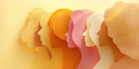 Poster - Layered Diversity Empowering Multicultural Womens Silhouettes in Warm Paper-Cut Gradient - Global Solidarity and Inclusive Design for International Campaigns
