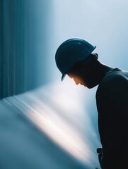 Poster - Urban Industrial Narrative Moody Construction Worker Silhouette Capturing Professional Resilience in Minimalist Architectural Workspace - Next-Gen Workforce Visualization