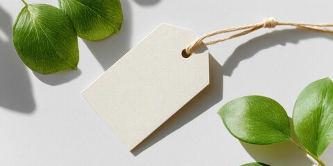 Poster - Eco-Minimalist Price Tag Mockup Sustainable Branding Concept with Organic Green Leaves, Neutral Aesthetic for Modern Marketing Collateral