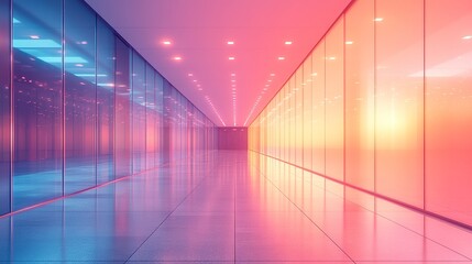 Wall Mural - out-of-focus office hallway with glowing ceiling lights and glass reflections, high-key lighting and