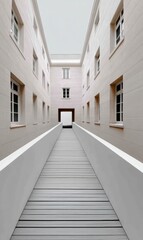 Poster - Urban Minimalist Architecture Sleek Industrial Metal Walkway Connecting Renovated Warehouse Spaces - Contemporary Design Transformation and Innovative Spatial Connectivity