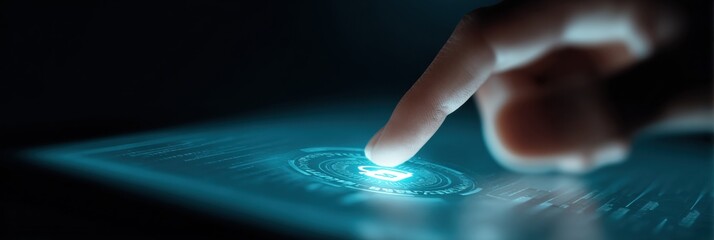 Fototapete - Futuristic Cybersecurity Interface Dynamic Digital Protection with Holographic Touch Interaction - Immersive Tech Innovation for Next-Gen Digital Transformation