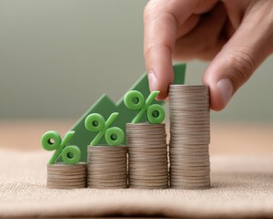 Poster - Minimalist Financial Growth Strategy Interactive Green Percentage Icons Revealing Investment Potential on Ascending Coin Stacks - Digital Wealth Building for Modern Entrepreneurs