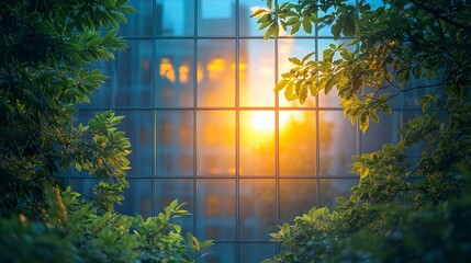 Wall Mural - sunlight reflecting through glass windows of modern building, golden hour lighting with warm tones, 