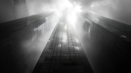 Wall Mural - towering office buildings with mirrored facades, captured from wormâ€™s-eye perspective, glowing sun