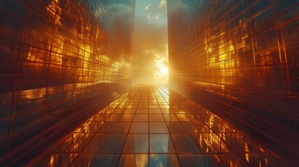 Wall Mural - upward view of sleek glass towers under bright sky, golden sunlight streaming between buildings, arc