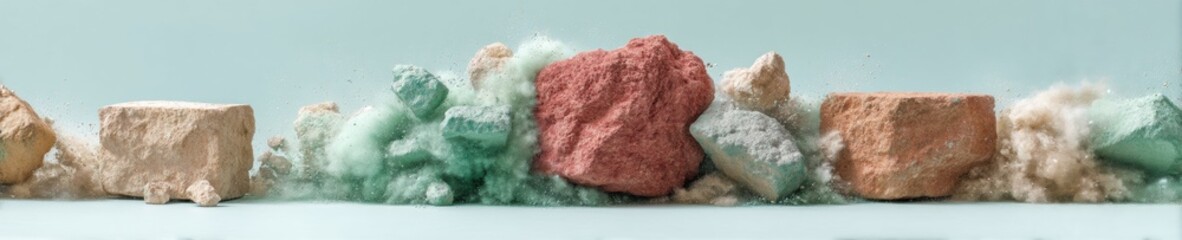 Poster - Sensory Deconstruction Textural Mineral Landscape Exploring Material Fragmentation, Soft Palette Disruption in Contemporary Design Visualization