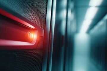 Fototapete - Cybersecurity Edge Sleek Industrial Tech Infrastructure with Luminescent Alert System - Next-Gen Digital Resilience and Cutting-Edge Network Performance Visualization
