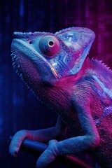 Poster - Cybernetic Evolution Neon-Infused Chameleon Tech Visualization - Futuristic Digital Biology Meets Cutting-Edge Design Innovation