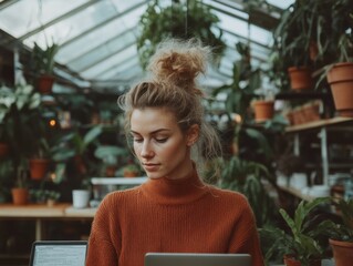 Aufkleber - Biophilic Remote Work Aesthetic Serene Millennial Productivity in Sustainable Greenhouse Studio with Warm Terracotta Knitwear - Digital Nomad Wellness Narrative