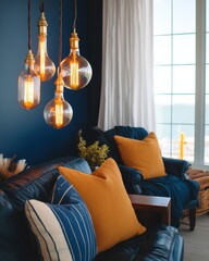 Aufkleber - Coastal Chic Illumination Vintage Edison Bulb Pendant Lighting in Modern Ocean-View Living Space - Transformative Interior Design Storytelling