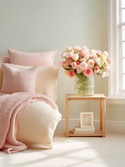 Aufkleber - Soft Serenity Minimalist Home Wellness Sanctuary with Blush Pink Comfort - Therapeutic Interior Design for Mindful Living Spaces