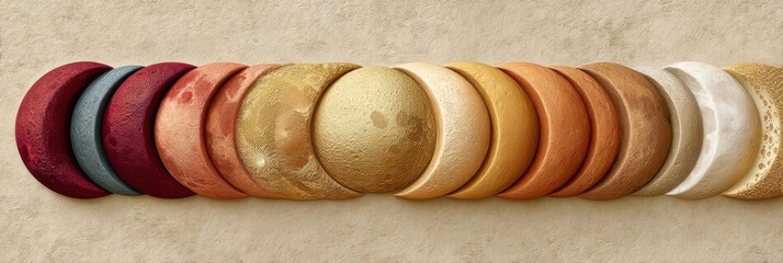 Poster - Lunar Cycle Artistry Minimalist Astronomical Progression Showcasing Textural Cosmic Phases in Warm Metallic Palette - Scientific Visual Design for Educational Innovation