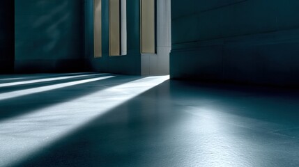 Poster - Minimalist Financial Risk Visualization Dark Blue Corporate Anxiety Landscape with Geometric Light Projection - Digital Transformation Metaphor