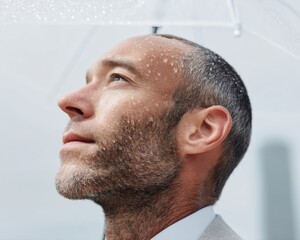 Leinwandbilder - Resilient Professional Embraces Mindful Minimalism Urban Male Portrait with Water Droplets - Contemporary Wellness and Corporate Emotional Intelligence Imagery