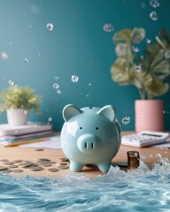 Poster - Fluid Financial Flow Minimalist Pastel Piggy Bank Surfing Economic Waves - Innovative Gen Z Savings Strategy for Digital Wealth Management