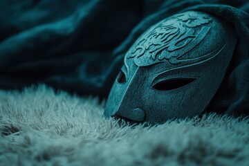 Poster - Intricate wooden mask resting on soft fur.