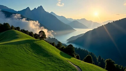 Wall Mural - Serene mountain valley sunrise with lush green hills and a single tree
