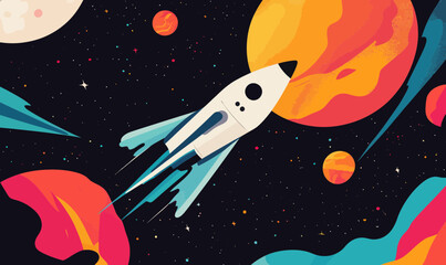 Wall Mural - colorful space exploration vector with rocket and planets for creative designs