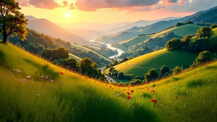 Wall Mural - Tranquil Sunset Valley A Breathtaking Landscape of Rolling Hills and Vibrant Wildflowers