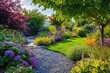 © kribbox - Colorful garden path meanders through vibrant flowerbeds, lush greenery, and a serene gazebo