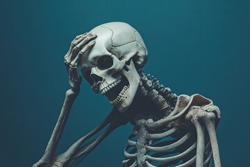 Fototapete - A skeleton with a perplexed expression.  Its hands are on its forehead, as if in contemplation or embarrassment.  The pose is slightly hunched, adding to the contemplative feel
